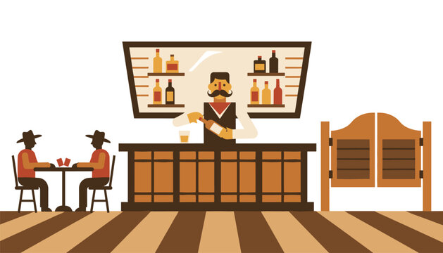 Vintage saloon scene with a mustached bartender serving a drink while patrons play cards at a table with swinging doors.