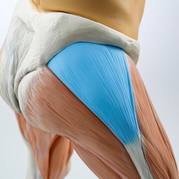 Anatomical photography of the tensor fasciae latae with surrounding hip muscles on a clean white surface