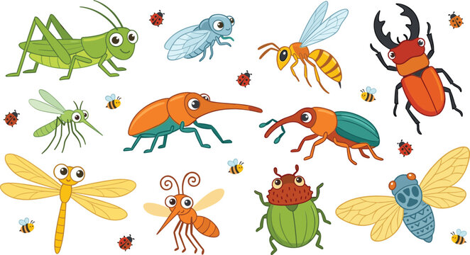 Cute cartoon insects and bugs vector set featuring grasshopper dragonfly beetles wasp mosquito and cicada characters isolated on white background