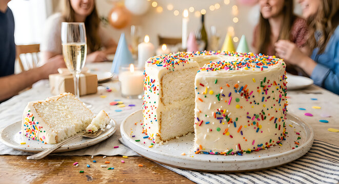 Colorful sprinkles sheet cake on a white plate with champagne flute