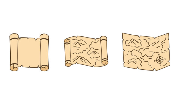 Three antique treasure maps displayed on parchment scrolls showing mountains, paths, and a compass rose against a light neutral background.