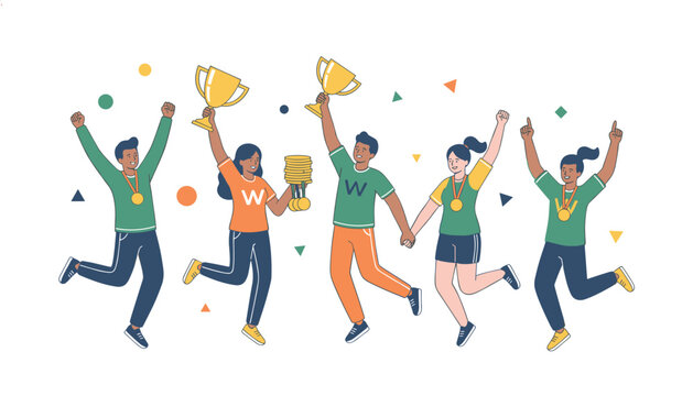 Happy team of diverse professionals jumping with excitement while holding gold trophies and wearing medals for their outstanding achievements.