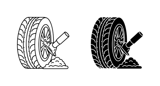 Tire Stuck in Mud, Flat Tire Repair, Car Service Icon Set, Vector Illustration