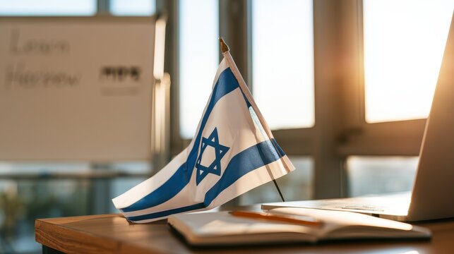 Bright study corner with an Israeli flag and a whiteboard message 'Learn Hebrew' for language learning visuals