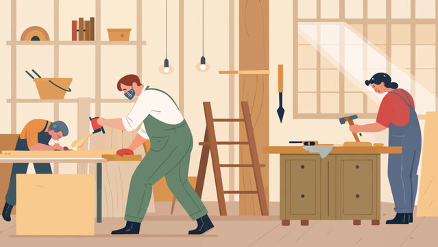 Group of skilled carpenters working together in woodworking workshop with carpenter woodworking workshop craftsman construction professional industry carpentry furniture interior training