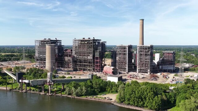 Decommissioned power plant industrial demolition site aerial view