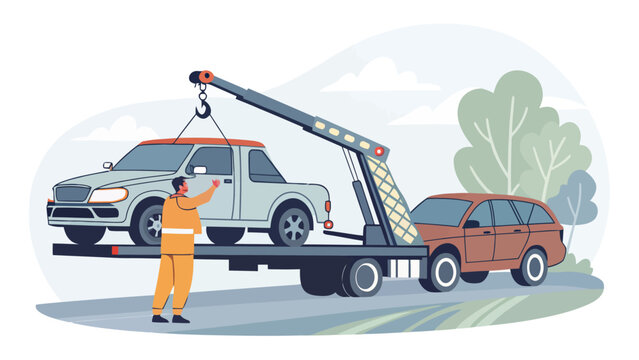 Tow truck operator loading car onto flatbed trailer with roadside assistance emergency breakdown transport operator recovery automotive accident professional insurance machinery mechanical