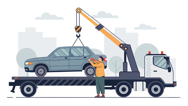 Tow truck operator lifting disabled vehicle with roadside assistance operator breakdown transport recovery automotive emergency mechanical maintenance machinery automobiles commercial