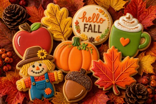 Assorted fall cookies arranged on autumn leaf background