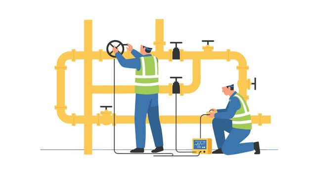 Maintenance workers wearing yellow safety vests inspecting a large yellow pipeline system with specialized diagnostic equipment.