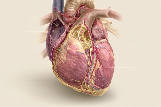 Detailed illustration of the human heart conduction system with sinoatrial node, atrioventricular node, bundle of His, and Purkinje fibers