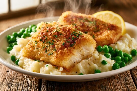 Delicious crispy haddock with mash and peas, bright garnish for a wholesome seafood dish
