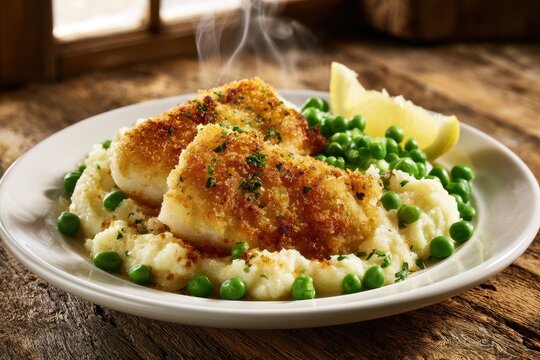 Crispy breaded haddock fillets with creamy mashed potatoes and peas on a white plate