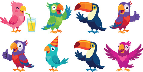 Obraz premium Cute cartoon tropical birds vector set featuring funny parrots and toucans celebrating with party hat juice drinking and waving isolated on white background