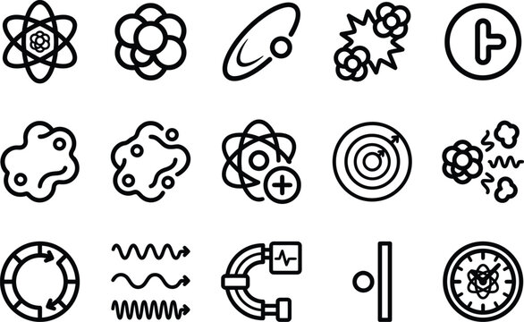 Set of black and white physics and atomic science icons showing particles and nuclear energy isolated on transparent background, Vector
