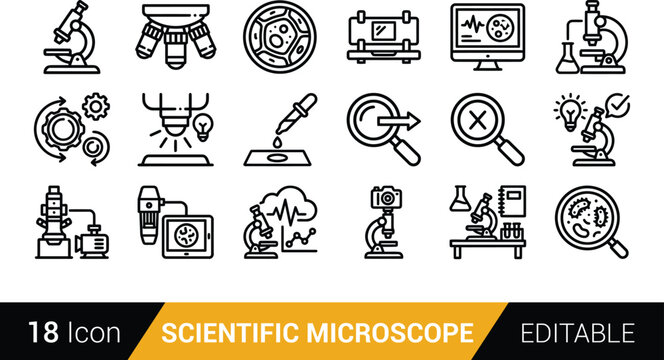 Set of eighteen thin line icons featuring scientific microscopes and laboratory research tools isolated on transparent background, Vector