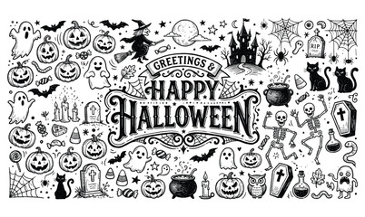 Vintage Happy Halloween greeting typography design with hand drawn holiday doodles © Avartde