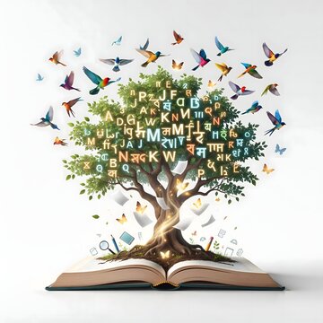 Conceptual tree of knowledge formed from letters birds and an open book on a white background