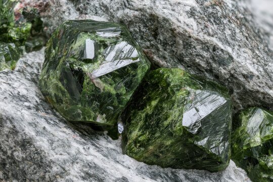 Close-up of emerald green epidote crystals showing prismatic growth in gray host rock