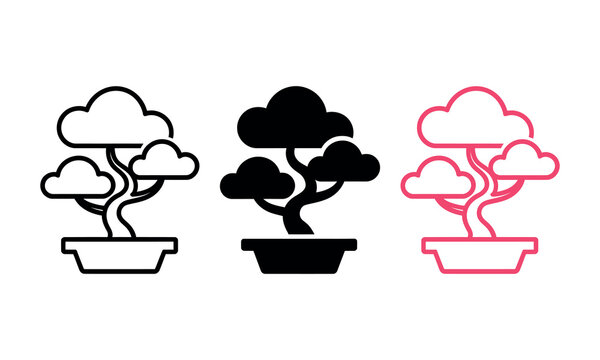 Bonsai tree with fluffy clouds illustration vector icon set