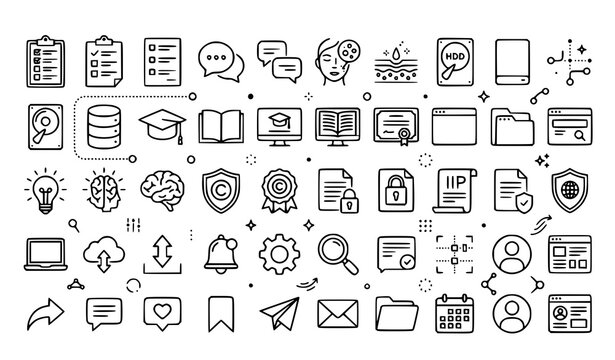 Digital technology and data management icon set linear style
