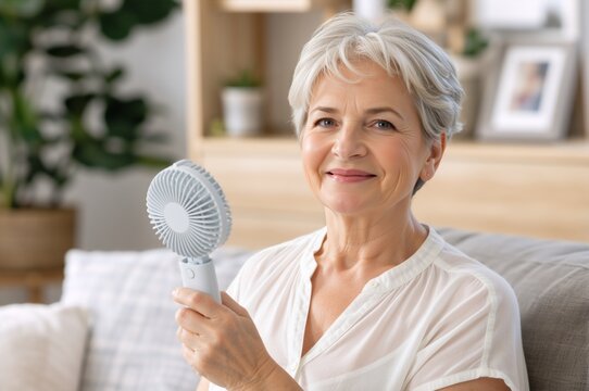 Smiling senior woman holding a portable handheld fan on the sofa. Mature female cooling down in her living room. Menopause hot flash relief concept