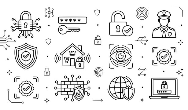 Cybersecurity line art illustration network protection and data security concepts