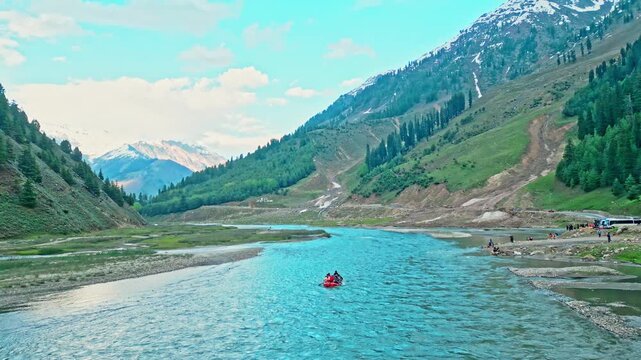 Aerial View of River Rafting on Kunhar River, Naran, Pakistan