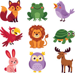 Fototapeta premium Cute cartoon wild animals and birds vector set featuring fox frog lion turtle parrot owl rabbit and moose isolated on white background