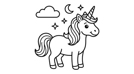 Obraz premium Minimalist black and white vector illustration of a cute unicorn standing under the night sky