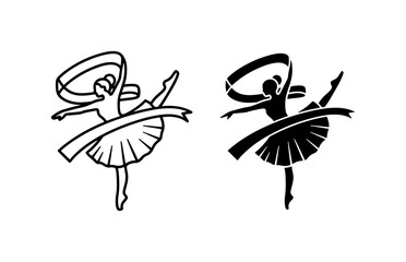 Ballet Dancer Silhouette, Ribbon Dance Vector Icons, Elegant Performance Art Graphics © Rakib