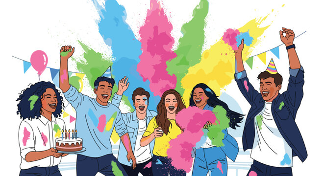 Group of friends celebrates a birthday at a color festival by throwing bright powder and presenting a cake with lit candles.