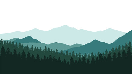 Fototapeta premium Minimalist vector illustration featuring layered evergreen pine forests and distant misty blue mountain range peaks