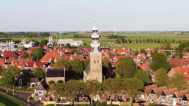 Aerial view of hindeloopen town and church tower in friesland
