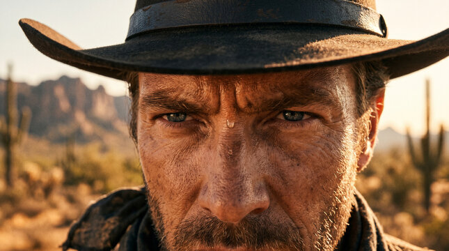 An intense close-up portrait of a rugged cowboy wearing a weathered hat in a desert landscape at sunset, conveying resilience, adventure, toughness, and western character.