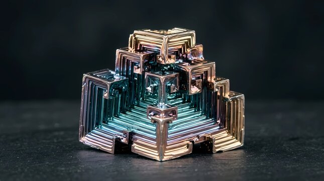 Macro photograph of a synthetic bismuth crystal with iridescent metallic rainbow layers