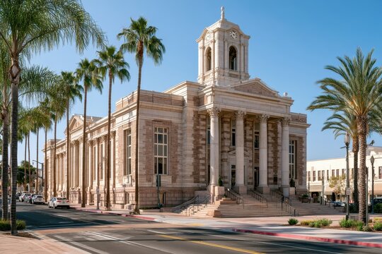 Exterior view of a municipal government building in Fullerton under clear blue sky
