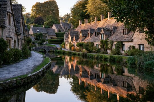 Bibury in the Cotswolds: honey-stone cottages beside a calm river at dawn