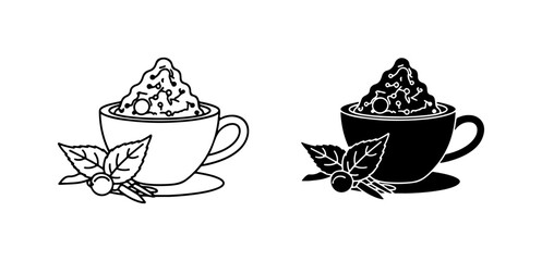 Beverage Icons: Coffee Cup with Whipped Cream and Berries, Mint Leaf, Black and White Vector Graphics © Tanbirali