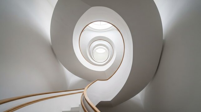 Elegant spiral staircase with flowing curves and minimalist architectural design. Perfect for architecture, interior design, construction, and modern spaces.