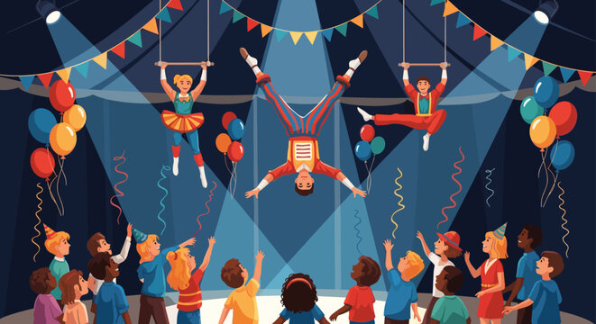 Acrobats perform daring trapeze acts in a circus tent while a crowd of children watches with excitement and wonder from below.