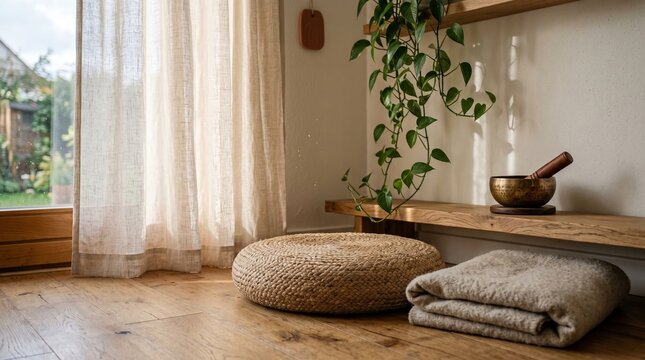 Serene meditation corner featuring floor cushions, soft sunlight, and indoor plants. Perfect for mindfulness, wellness, relaxation, yoga, and interior lifestyle concepts.