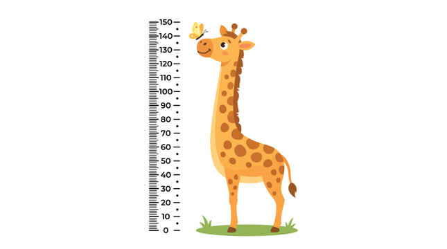 Cute giraffe vector illustration with a height chart ruler and a yellow butterfly for kids