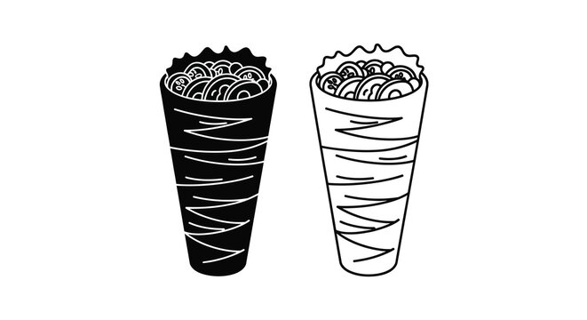 Temaki sushi cone silhouettes black and white vector illustration