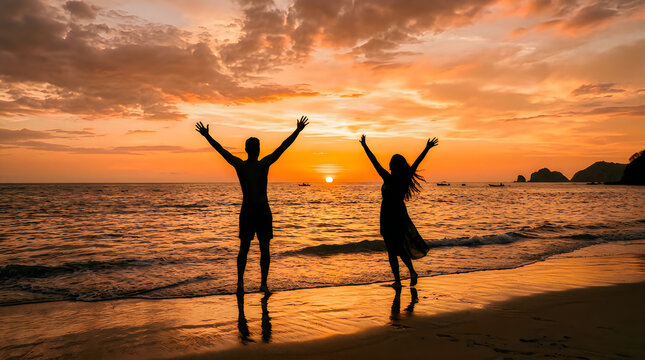 Romantic silhouette of a couple holding hands on a beautiful sandy beach at sunset, arms raised in pure joy against a vibrant orange and yellow sky, with gentle ocean waves and a distant tropical coas