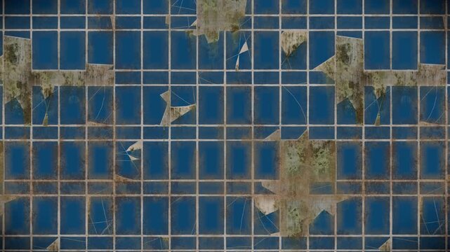 Grungy distressed blue tiled abstract pattern background, featuring cracked and aged textures in a seamless loop motion graphic