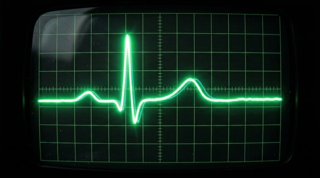 Medical monitor displaying an electrocardiogram waveform representing heart activity. Perfect for healthcare, cardiology, medicine, diagnostics, and hospital technology concepts.