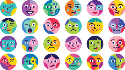 Naklejka premium Colorful Abstract Cartoon Faces Avatar Collection with Diverse Emotional Expressions Flat Vector Icons
