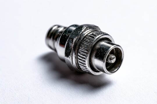 Close-up studio photograph of a metal BNC connector isolated on a white background