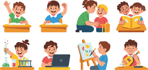 Fototapeta premium Cute children character vector set doing various school activities studying reading painting and playing music